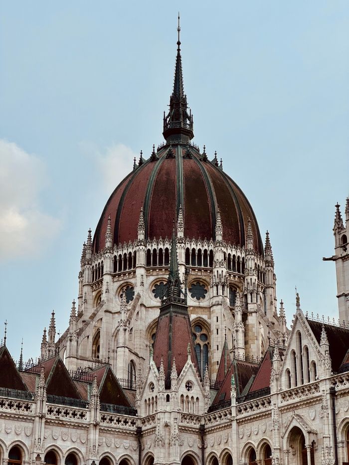 Menu Neo-Gothic dome of the Hungarian Parliament Building in Budapest, Hungary, under a clear sky.